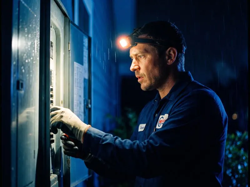 Eletricista atendendo emergência elétrica à noite